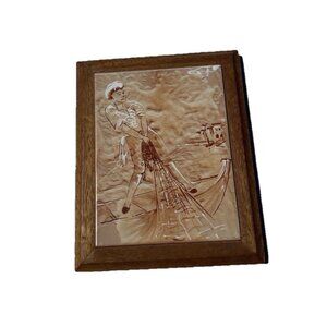 Vintage Italian Art Tile Ceramic Fishing Portrait Made In Italy Wood Collectible